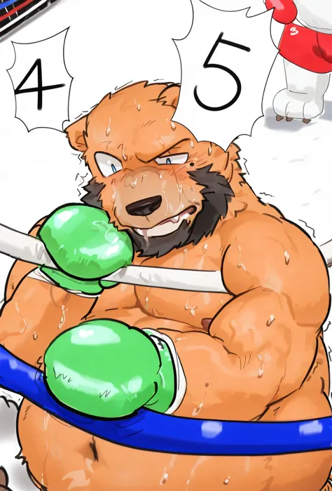 (((Tired body 、Tired Expression、swollen face、Swollen body 、Mole on eye 、sweat、KO,bear loser,swollen face,swollen body,knocked out、naked足、is in tatters)))、(furry doll (mastiff), Nipples, Anso , Tired Expression, extremely 詳細な muscles, detailed  face,  face、...