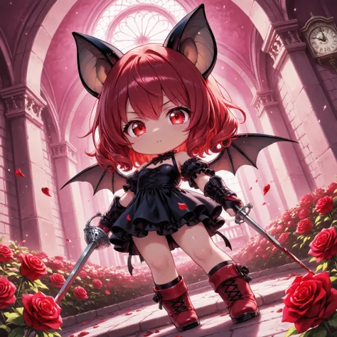 chibi,masterpiece、Highest Quality、anime style、(1 person)、2.5 heads tall、Bat Girl Standing in a Rose Garden、black bat ears、bat wings on the back、red eyes、赤い髪、curl hair、black gothic dress、Hand guard、Red Boots、 Holding a Rapier 、fluttering rose petals、stone c...