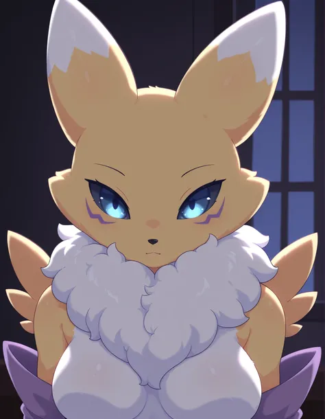 pearlykf, pokemon (creature),, renamon, furry female, anthro, fox girl, portrait, solo, (body fur:1.2), (best quality), bedroom background, dark romantic lighting, (detailed fluffy fur:1.1), looking at viewer, blue eyes, featureless breasts,