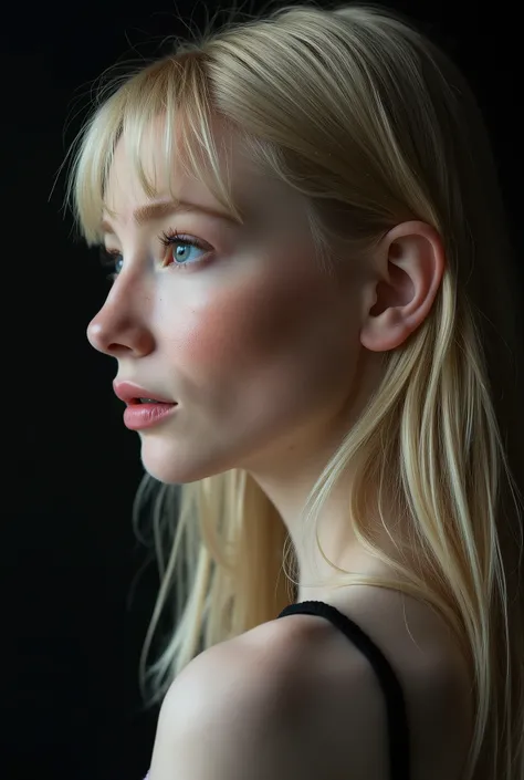 Full side head profile shot, head profile view, studio photograph, face shot, A captivating young woman, who is a harmonious blend of elegant features and youthful charm, goth girl, goth aesthetics, straight hair, bang, blonde, long hair, camisole, capture...