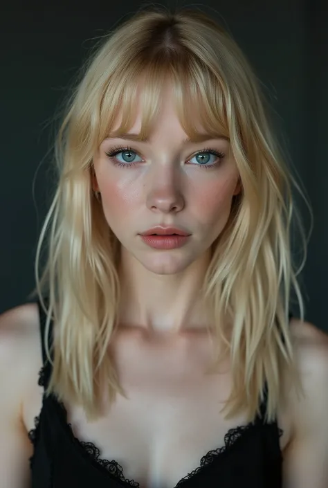 Full frontal face shot, studio photograph, face shot, A captivating young woman, who is a harmonious blend of elegant features and youthful charm, goth girl, goth aesthetics, straight hair, bang, blonde, long hair, camisole, shorts, sparkling eyes, long ey...