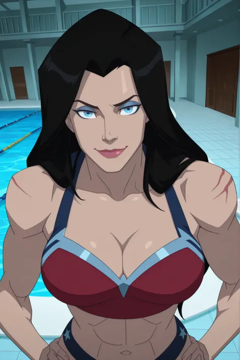 BREAK, score_6_up, score_7_up, score_8_up, score_9, 1girl, solo, long hair, blue eyes, black hair, bare shoulders, blue eyes, muscular female, midriff, bare shoulders, lipstick, makeup, wwBl00d, very large breasts, busty, cleavage, curvy, athletic, looking...