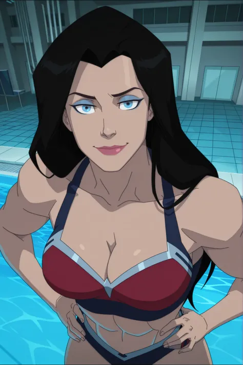 BREAK, score_6_up, score_7_up, score_8_up, score_9, 1girl, solo, long hair, blue eyes, black hair, bare shoulders, blue eyes, muscular female, midriff, bare shoulders, lipstick, makeup, wwBl00d, very large breasts, busty, cleavage, curvy, athletic, looking...