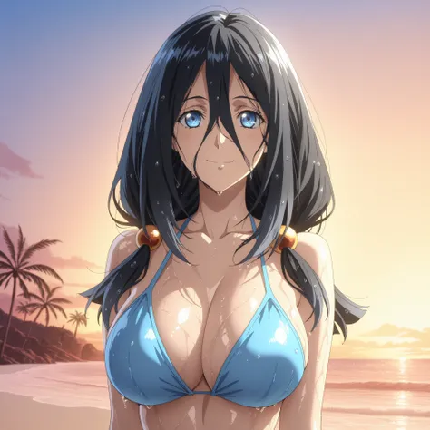 Shildina, blue eyes, black hair, hair ornament, hair between the eyes, slender figure generous breasts, She wears a light blue bikini . in the background of a lonely beach with palm trees and waves in the background, wet bodies, happy expressions. Anime ar...
