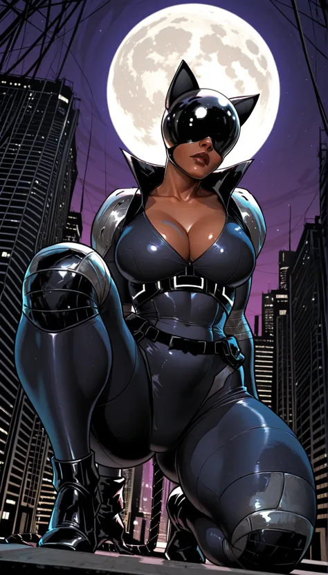 AbsoluteCatwoman, dark-skinned female, mirrored helmet, nose, lips and cheeks are visible, fake cat ears, fake tail, bodysuit, gloves, belt, cleavage, big breasts, thick muscular thighs, wide curvy hips, one knee down, covered mouth, on top of building, hu...