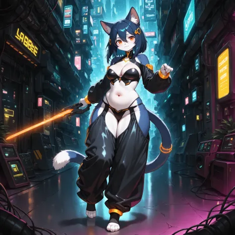 (1girl, solo, cat girl, furry, kemono, Fluffy fur, coloured fur, dark blue fur, dark blue hair, medium hair, hair between eyes, hair ornaments, orange eyes, cleavage, h-cups breasts, navel, cute belly, wide hips, cyberpunk harem outfit, sleeved top, cyber ...