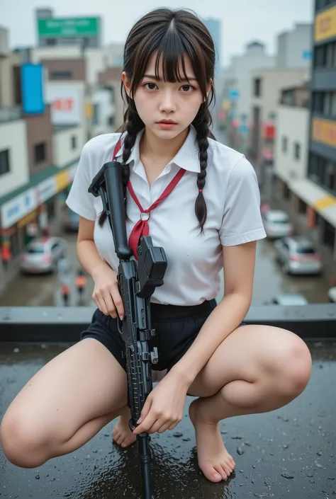 Bird's-eye view、cute On, On,surreal,high resolution,Highest Quality,8k,fine details,(14 years old),(female uniform with a white blouse and red ribbon） very beautiful and perfect nipples 、Beautifully Cut Thick Bangs、ponytail style half-up hair facing th...