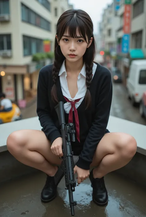 Bird's-eye view、cute On, On,surreal,high resolution,Highest Quality,8k,fine details,(14 years old),(female uniform with a white blouse and red ribbon） very beautiful and perfect nipples 、Beautifully Cut Thick Bangs、ponytail style half-up hair facing th...