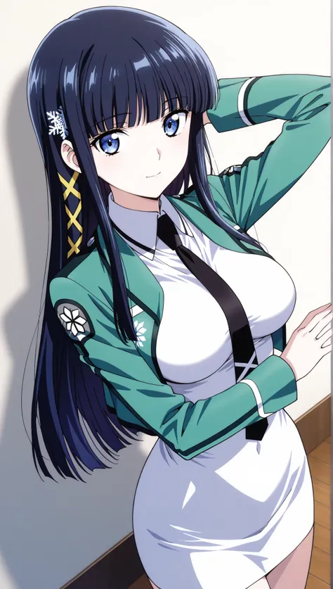 [[miyuki250219]],1lady, beauty, glossy lips,Rouge,detail eyes,dynamic angle,

shiba miyuki, black hair,long hair, blunt bangs, eyebrows visible through hair, blue eyes, snowflake hair ornament, yellow x hair ornament,mahouka school uniform, cropped jacket,...