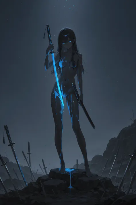 japanese sword, glowing, dripping in paint, in the background is a painting of a naked woman