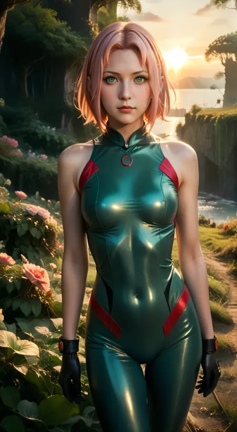 1girl, solo,haruno sakura,emerald eyes,pink hair,short hair,outdoors,potrait,small breast,nature, standing on battlefield,sidelocks,(sunset lighting:1.5),red sunset,looking at viewer, front view,close up,black glove,(fantasy background:1.5),(bodysuit:1.5),...