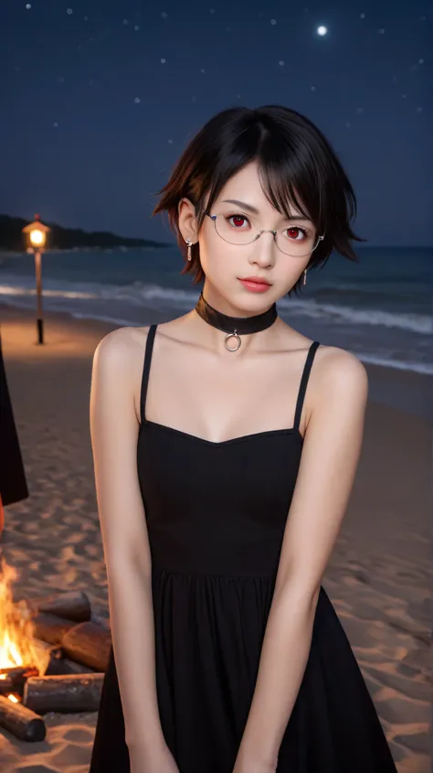 Masterpiece, best quality, 8k, ultra high resolution, photorealistic, cinematic composition,1girl, solo,sarada uchiha,red eyes,red eyes, black hair,(very short hair:1.5),outdoors,potrait,small breast,nature, wear glasses,close up,earings,bare shoulders, lo...