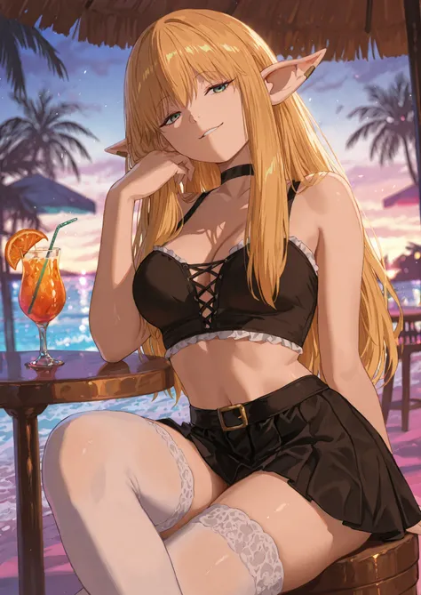1girl, solo, serie, sousou no frieren, elf, blonde, bangs, smug, black laced crop top , black plated skirt, white thigh highs, naturally sagging medium breasts, sitting in a tiki bar, tropical drink, colorful beach bar, neon bar signs, tropical resort, sed...
