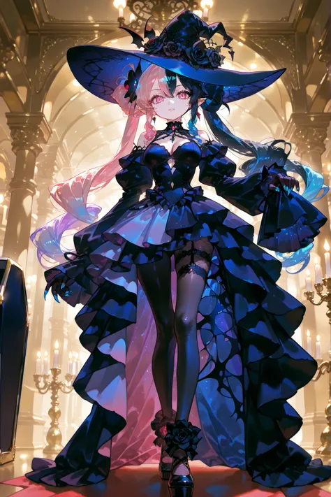 (SPLIT-COLOR HAIR,MULTICOLORED HAIR, TWO-TONE HAIR,) The vampire witch lady. She has pale skin covered with glitter and pointy ears. She has crimson eyes, pink fuchsia lips and red-pink eyelashes. She has long turquoise curly hair , the ends of her loose h...