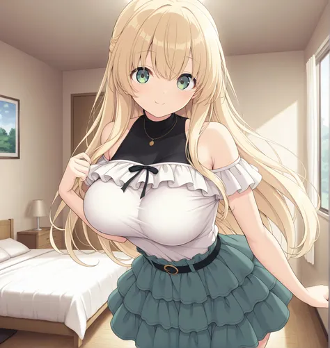 masterpiece, best quality, highres, scenery, newest, 1girl, official style, ren, blonde hair, green eyes, casual shirt, layered skirt, looking at viewer, cute smile, fully shoulders, normal breasts, cute face, room, shake breasts, dance