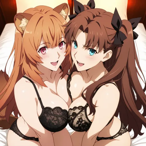 Two highly detailed anime women. Raphtalia with long light orange hair and warm eyes; with Rin Tohsaka from Fate/grand order, with loose brown hair, bright blue eyes, curvaceous figure and large breasts. Rin wears lace bra and panties in deep red and blue....