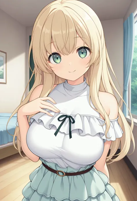 masterpiece, best quality, highres, scenery, newest, 1girl, official style, ren, blonde hair, green eyes, casual shirt, layered skirt, looking at viewer, cute smile, fully shoulders, normal breasts, cute face, room, hand up, dance