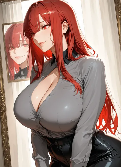 score_9, score_8_up, score_7_up, score_6_up, 1girl,(king nabunaga fate:1.1)),breasts, red hair, red eyes, light skin, mole, large breasts, ((long hair:1.1)), thick thighs, wide waist, flat abdomen, curtain bangs, beautiful, mature woman, shoulder-length ha...