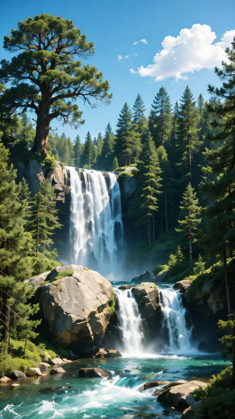 A very high waterfall in the forest surrounded by lush pine forest. At the top near waterfall on left side is a huge oak tree. The waterfall falls on a huge rock an then where it breaks into two parts, and then flows into the river. An incredible scenario ...