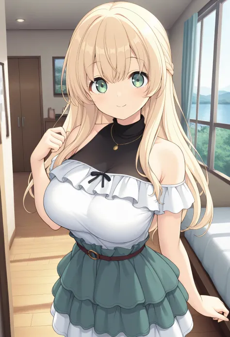 masterpiece, best quality, highres, scenery, newest, 1girl, official style, ren, blonde hair, green eyes, casual shirt, layered skirt, looking at viewer, cute smile, fully shoulders, normal breasts, cute face, room, hand up, dance