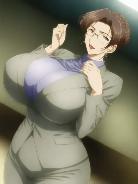 score_9,score_8_up,score_7_up,source_anime,
solo,kisaki eri,
glasses,hair bun,single hair bun,brown hair,earrings,jewelry,lipstick,mature female,milf,huge breasts,
Dark grey suit, purple underwear,
(dutch angle, dynamic pose:1.2),cowboy shot,