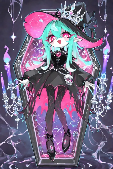 (spl1th41r, two tone hair),The evil ocean witch lady. She has pale skin and pointy ears. She has crimson eyes, pink fuchsia lips and red-pink eyelashes. She has longest curly turquoise-green hair dye in gradient of blue and pink colors. She is wearing a bl...