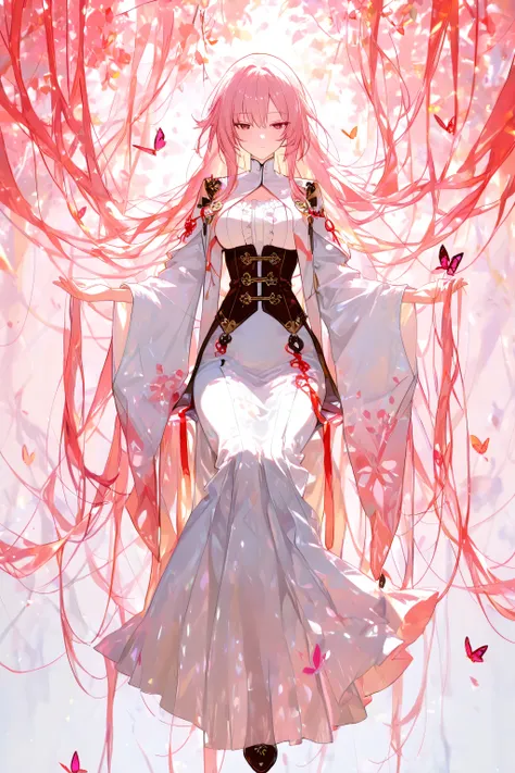 a detailed anime-style character , human, standing, full body, front view ,high quality, detailed eyes, intricate details,butterfly sitting on finger,pink,soft lighting, sharp focus, semi real,8k, anime character, vibrant colours , delicate features,detail...