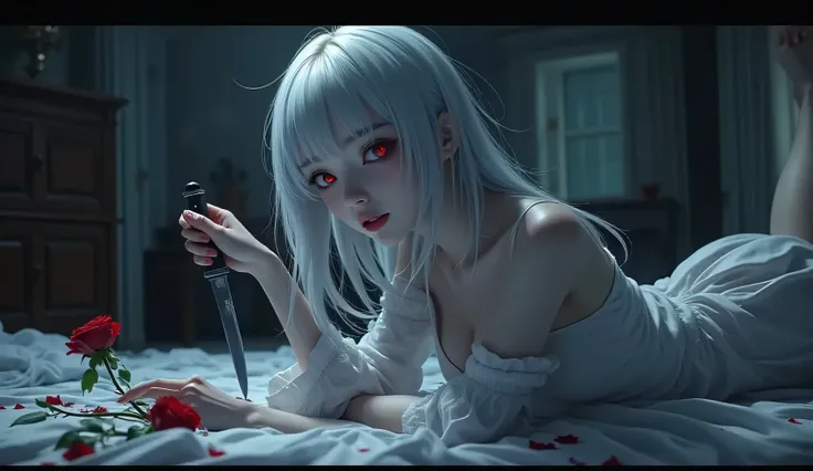 A creepy young woman with snow-white hair and bright red eyes,  wearing a simple white dress , sneaks out the door of a room plunged into darkness, , turning her face slightly to look sideways at the camera with a ruthless and disturbing smile, while holdi...