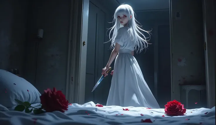 white hair, Red Eyes, simple white dress, anime art, holding a knife while slowly, He walks out the door of a dark room with his back looking sideways at the camera, leaving a deep red rose flat on a bed..