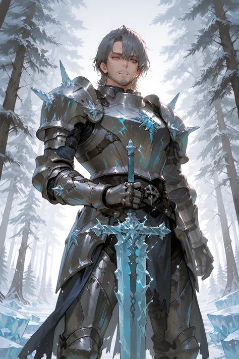 masterpiece, absurdres, high detail, enchanting eyes, solo, male, mature male, 25 years old, dark gray hair, short hair, messy hair, dark blue eyes, sharp eyes, no beard, armor, complete armor, gray steel, icy details on armor, ice on armor, holding great ...