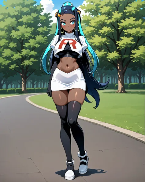 nessa. big boobs, sexy, team rocket cosplay, full body, outdoor, cosplay _ team rocket , team rocket 유니폼 , white jacket , cropped jacket , White skirt , Elbow Gloves , Black thigh high stockings , sexy posture