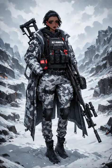 (Black hair, hud_sle3kbun, short hair, hair slicked back,) The woman is a Military paramedic. She has slim build, small breasts, narrow hips. She has dark tanned skin. She has jet-black short wavy hair slicked back. She has black eyes. She has red lipstick...