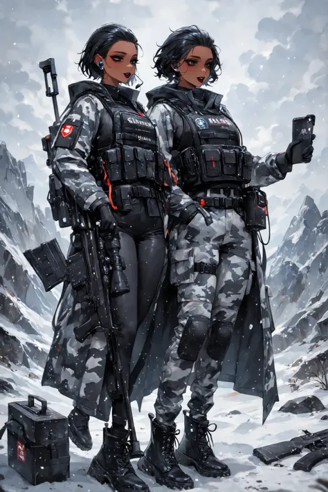 (Black hair, hud_sle3kbun, short hair, hair slicked back,) The woman is a Military paramedic. She has slim build, small breasts, narrow hips. She has dark tanned skin. She has jet-black short wavy hair slicked back. She has black eyes. She has red lipstick...