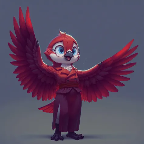 masterpiece, best quality, amazing quality, slvrfxstyleil, bird, red feathers, winged arms, blue eyes, round glasses, red dress, side slit, red sash, standing, simple background, solo, 1girl,