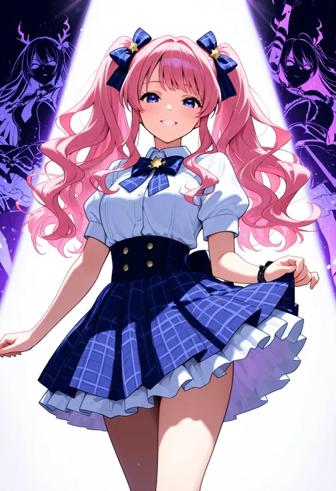 high school girl, beautiful ,long hair, slender, Twin tails, pink hair, Spirit Ripple (Stand),wavy hair,idol costume
