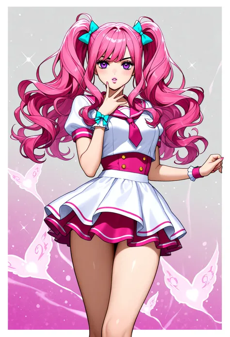 high school girl, beautiful girl,long hair, slender, Twin tails, pink hair,cute & beautiful Spirit Ripple ( jojo Stand),wavy hair,idol costume