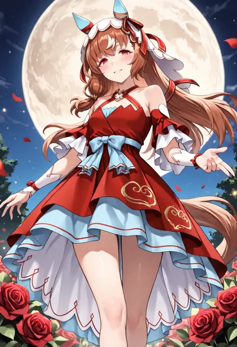 (masterpiece, best quality, perfect face:1.4), wide angle, Still in Love \(umamusume\), brown hair, red eyes, long hair, streaked hair, horse ears, ear cover, ear ornament, veil, red hair ribbon, small breasts, horse tail, tail on the lower back, proportio...