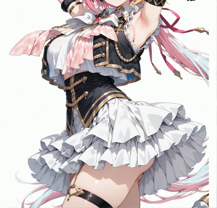 nijiyuikacos,white shirt,frilled shirt,shirt overhang,sleeveless,black vest,crop top vest,open vest,aiguillette,gold trim,((large white bow tie)),((long white bow tie)), pink brooch,single armband,black armband,white skirt,layered skirt,black thigh strap,f...