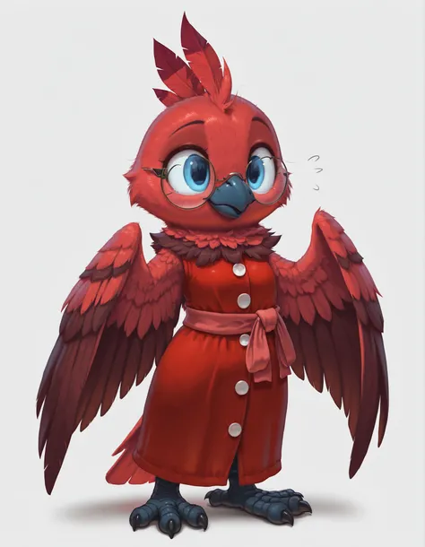 masterpiece, best quality, amazing quality, slvrfxstyleil, bird, red feathers, winged arms, blue eyes, round glasses, red dress, red sash, standing, simple background, solo, 1girl, scaled bird legs