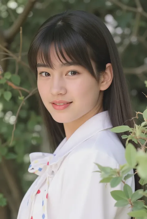 (masterpiece, Highest Quality:1.2), white women、profile, white blazer uniform with、white blazer uniform , Emblem similar to 、Light-colored eyes、shiny black hair、 One ear sticking out 、Gentle smile、beautiful face wearing a white blazer uniform 15-year-o...