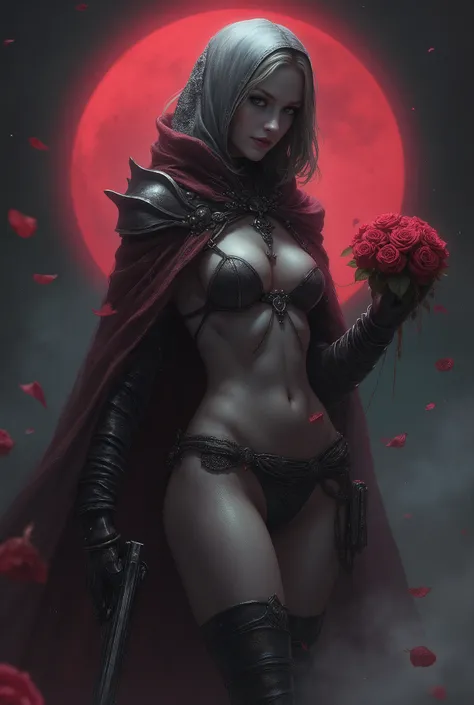 Assassin, (Female drow slave bikini chest covered)(smile) Gray skin,garter belt,  gun and roses in hands, pale golden very short hair and silver eyes. She prefer's clothing of gray and silver with cloaks of deep red or purple, grey smoke mist background, h...