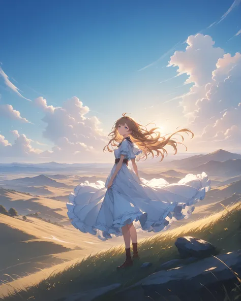 (masterpiece:1.3), best quality, anime style, {{character}} \(granblue fantasy\)
a girl with a gentle smile standing on a hilltop under a clear blue sky,
wide scenic view and endless horizon, soft wind through hair and flowing dress,
bright sunlight, cinem...