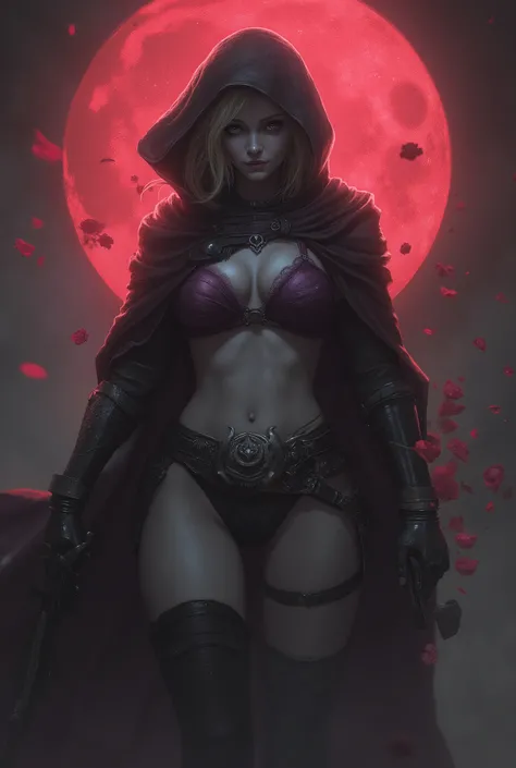 Assassin, (Female drow slave bikini chest covered)(smile) Gray skin,garter belt,  gun and roses in hands, pale golden very short hair and silver eyes. She prefer's clothing of gray and silver with cloaks of deep red or purple, grey smoke mist background, h...