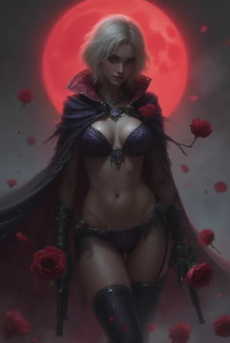 Assassin, (Female drow slave bikini chest covered)(smile) Gray skin,garter belt,  gun and roses in hands, pale golden very short hair and silver eyes. She prefer's clothing of gray and silver with cloaks of deep red or purple, grey smoke mist background, h...