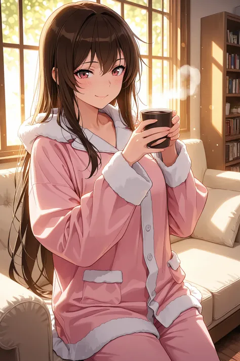 High Quality, masterpiece, super definition, 1 woman, fluffy pajamas, relaxed expression, long hair, natural smile, soft light, Scandinavian Interior, White sofa, Houseplants, big window, Morning Light, holding a coffee cup, Minimalist design, wooden flo...