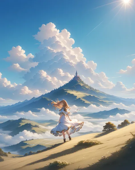 (masterpiece:1.3), best quality, anime style, {{character}} \(granblue fantasy\)
a girl with a gentle smile standing on a hilltop under a clear blue sky,
wide scenic view and endless horizon, soft wind through hair and flowing dress,
bright sunlight, cinem...