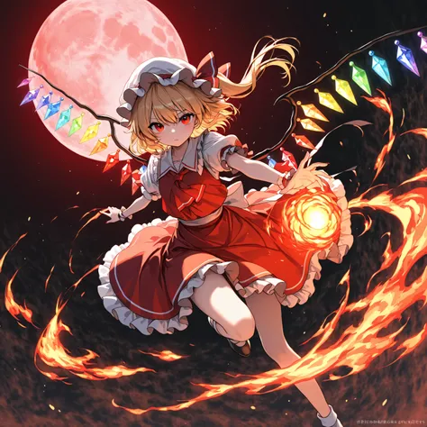 Highest Quality、masterpiece、Flandor Scarlet、Touhou Project、Blonde、Fluttering in the Wind、Red Full Moon、Surrounding Fire Vortex、Fireball