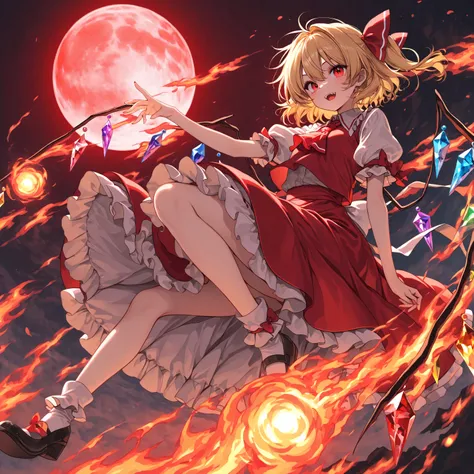 Highest Quality、masterpiece、Flandor Scarlet、Touhou Project、Blonde、Fluttering in the Wind、Red Full Moon、Surrounding Fire Vortex、Fireball