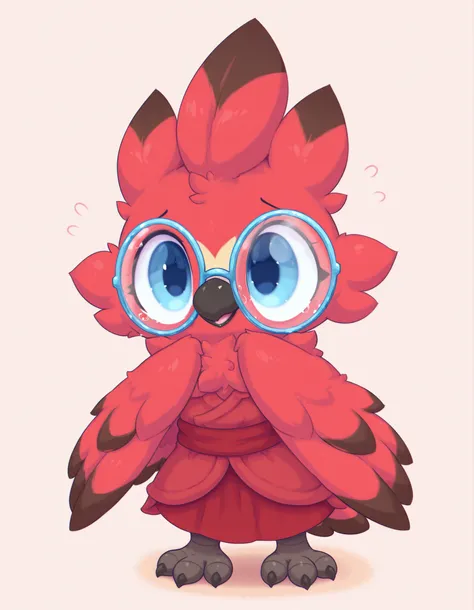 pearlykf, pokemon (creature), furry,, masterpiece, best quality, amazing quality, slvrfxstyleil, bird, red feathers, winged arms, blue eyes, round glasses, red dress, red sash, standing, simple background, (solo:1.3), alone, 1female, scaled bird legs, bird...