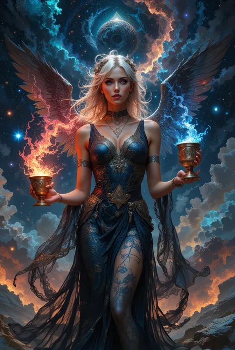  Done with art nouveau art mosaic style. An alluring, luminescent goddess with a slender yet shapely physique, adorned in a diaphanous, intricately embroidered black toga with sacred equations and esoteric symbols woven in shimmering gold and silver thread...